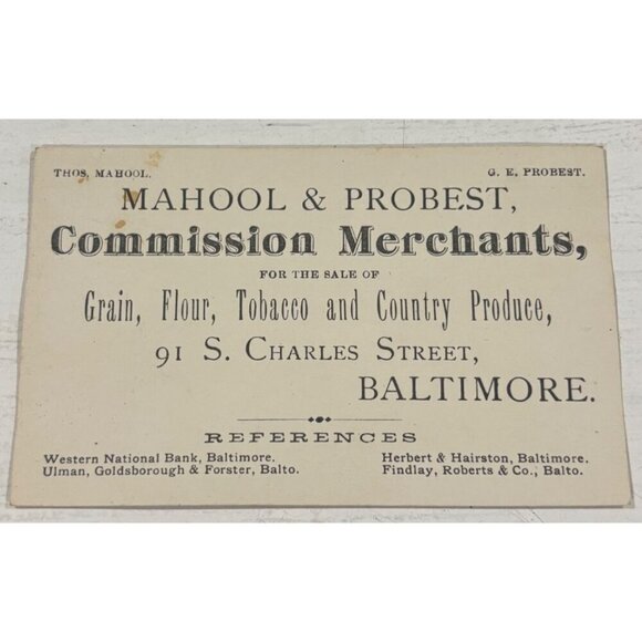 Antique Mahool Probest Merchants Card Tobacco Country Produce Baltimore Ephemera - Picture 1 of 6